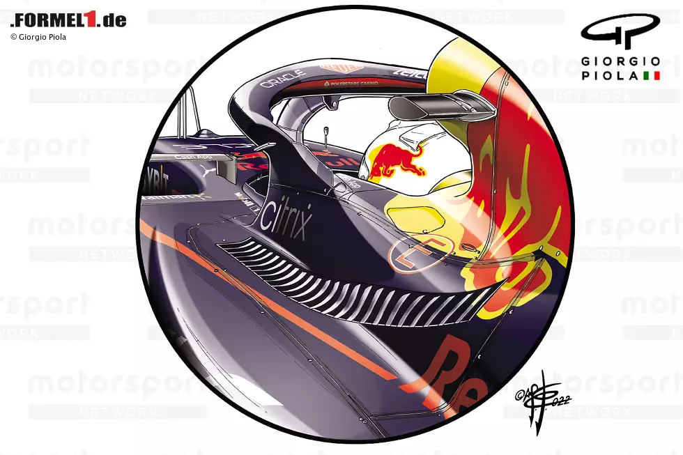 Ein Blick auf das längliche, aber schmale Lüftungsgitter auf der Motorabdeckung des RB18, das das Team verwendete, wenn zusätzliche Kühlung erforderlich war. Foto zur News: Ein Blick auf das längliche, aber schmale Lüftungsgitter auf der Motorabdeckung des RB18, das das Team verwendete, wenn zusätzliche Kühlung erforderlich war.