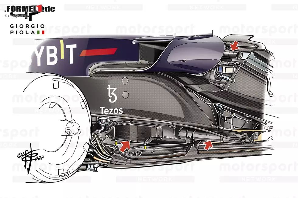 Foto zur News: Durch die Anordnung der Seitenkästen des RB18 war der untere Seitenaufprallschutz im Boden untergebracht, während sich der obere zwischen dem Einlass der Seitenkästen und den Kühlern befand. Der RB18 verfügte über mehrere balkenartige Stützen und mehrere interne Metallstreben, um die Last auf den Boden zu verteilen.