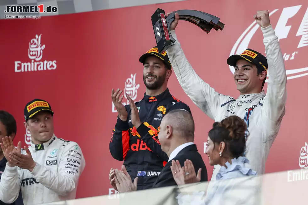 #2 Lance Stroll (18 Jahre, 7 Monate, 27 Tage) - Noch einmal stolze zwei Jahre jünger als Norris ist Lance Stroll, als er in einem verrückten Baku-Rennen 2017 auf das Podium gespült wird. Da ist dem Williams-Piloten auch egal, dass er kurz vor der Ziellinie noch von Valtteri Bottas von Platz zwei verdrängt wird. Foto zur News: #2 Lance Stroll (18 Jahre, 7 Monate, 27 Tage) - Noch einmal stolze zwei Jahre jünger als Norris ist Lance Stroll, als er in einem verrückten Baku-Rennen 2017 auf das Podium gespült wird. Da ist dem Williams-Piloten auch egal, dass er kurz vor der Ziellinie noch von Valtteri Bottas von Platz zwei verdrängt wird.