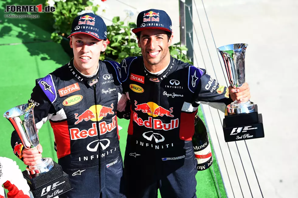 #5 Daniil Kwjat (21 Jahre, 3 Monate) - Schon etwas mehr Erfahrung hat Daniil Kwjat, als er in Ungarn 2015 Zweiter hinter Sebastian Vettel und vor Teamkollege Ricciardo wird. Nach einer Saison bei Toro Rosso wird er für 2015 zu Red Bull hochgezogen, wo es bis zum zehnten Saisonlauf dauert, bis er Champagner kosten darf. Foto zur News: #5 Daniil Kwjat (21 Jahre, 3 Monate) - Schon etwas mehr Erfahrung hat Daniil Kwjat, als er in Ungarn 2015 Zweiter hinter Sebastian Vettel und vor Teamkollege Ricciardo wird. Nach einer Saison bei Toro Rosso wird er für 2015 zu Red Bull hochgezogen, wo es bis zum zehnten Saisonlauf dauert, bis er Champagner kosten darf.
