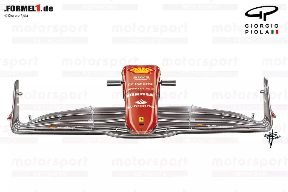 Wie hier am Ferrari-Frontflügel zu sehen ist, mussten die Teams den "Sweet Spot" bei der Länge der verstellbaren Abschnitte der oberen Flaps finden, wobei die Verteilung zwischen diesen und den statischen Abschnitten ebenfalls einen Einfluss auf das Strömungspotenzial des Flügels hat. Foto zur News: Wie hier am Ferrari-Frontflügel zu sehen ist, mussten die Teams den "Sweet Spot" bei der Länge der verstellbaren Abschnitte der oberen Flaps finden, wobei die Verteilung zwischen diesen und den statischen Abschnitten ebenfalls einen Einfluss auf das Strömungspotenzial des Flügels hat.