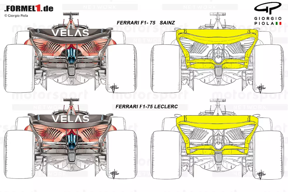 In Kanada wurden zwei verschiedene Heckflügel-Konfigurationen verwendet: Carlos Sainz nutzte eine Option mit höherem Abtrieb und Charles Leclerc eine neue Lösung, bei der der Fokus auf der Form der oberen Flügelelemente sowie dem Beam-Flügel lag. Foto zur News: In Kanada wurden zwei verschiedene Heckflügel-Konfigurationen verwendet: Carlos Sainz nutzte eine Option mit höherem Abtrieb und Charles Leclerc eine neue Lösung, bei der der Fokus auf der Form der oberen Flügelelemente sowie dem Beam-Flügel lag.
