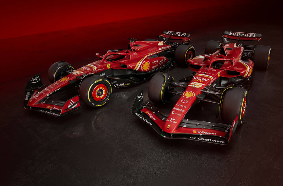 Foto zur News: Ferrari hat bei seiner Online-Präsentation am 13. Februar einen mehrheitlich roten Ferrari SF-24 vorgestellt. Oder sogar zwei SF-24: Das Team zeigt nämlich gleich beide Autos und ...