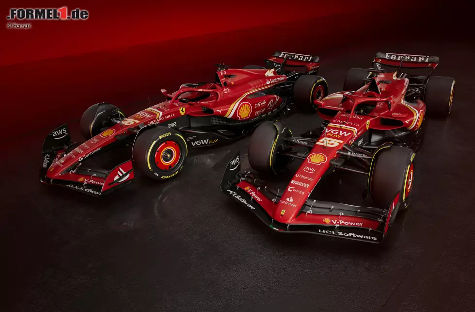 Foto zur News: Ferrari hat bei seiner Online-Präsentation am 13. Februar einen mehrheitlich roten Ferrari SF-24 vorgestellt. Oder sogar zwei SF-24: Das Team zeigt nämlich gleich beide Autos und ...