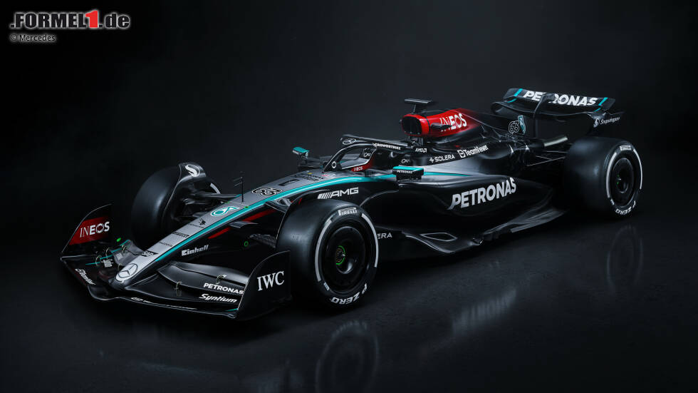 Foto zur News: ... das Auto aber leicht, wird deutlich, dass bei Mercedes - wie bei vielen Formel-1-Teams 2024 - die Farbe Schwarz dominiert, das &quot;nackte&quot; Kohlefaser. Man will (und muss) einfach Gewicht sparen. Ganz vorne ...