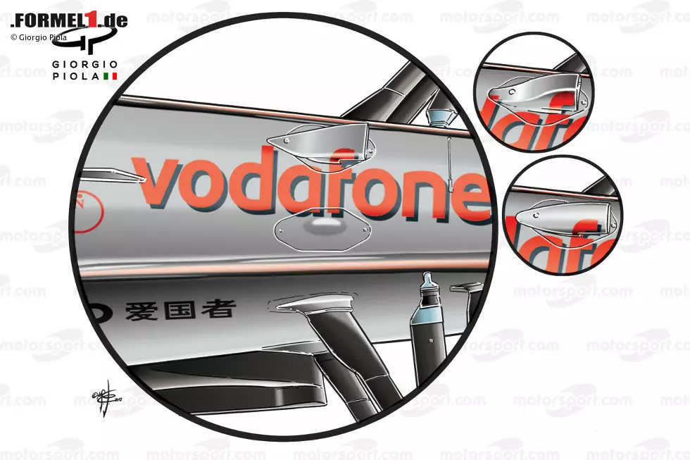 ... das Konzept als "F-Schacht" bezeichnet wird. Ganz einfach: Der Ansaugstutzen für die Luft liegt bei McLaren auf der Höhe des Buchstabens f im Schriftzug von Sponsor Vodafone auf dem Vorderbau des Fahrzeugs. Intern verwendet McLaren aber eine andere Bezeichnung: RW80. Foto zur News: ... das Konzept als "F-Schacht" bezeichnet wird. Ganz einfach: Der Ansaugstutzen für die Luft liegt bei McLaren auf der Höhe des Buchstabens f im Schriftzug von Sponsor Vodafone auf dem Vorderbau des Fahrzeugs. Intern verwendet McLaren aber eine andere Bezeichnung: RW80.
