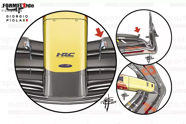 Foto zur News: Red Bull: Die Nase setzt beim RB20 schon auf dem Hauptprofil an und nicht mehr auf dem zweiten Element wie 2023 (kleines Bild unten). Außerdem ist der Verstell-Mechanismus der oberen Flaps nach innen gerückt (kleines Bild oben).