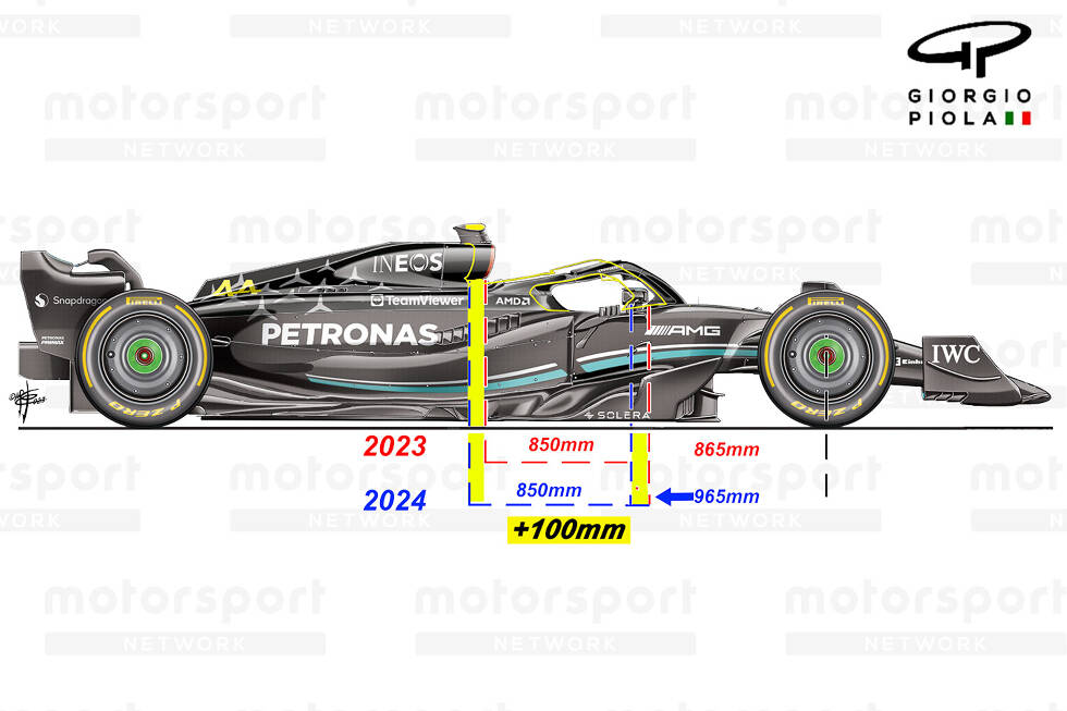 Foto zur News: Mercedes: Lewis Hamilton hat die Sitzposition im W14 von 2023 kritisiert, nun ist das Cockpit im W15 weiter hinten angesetzt. Der Fahrer sitzt damit weiter von der Vorderachse entfernt. Der Unterschied zum Vorjahr: zehn Zentimeter.