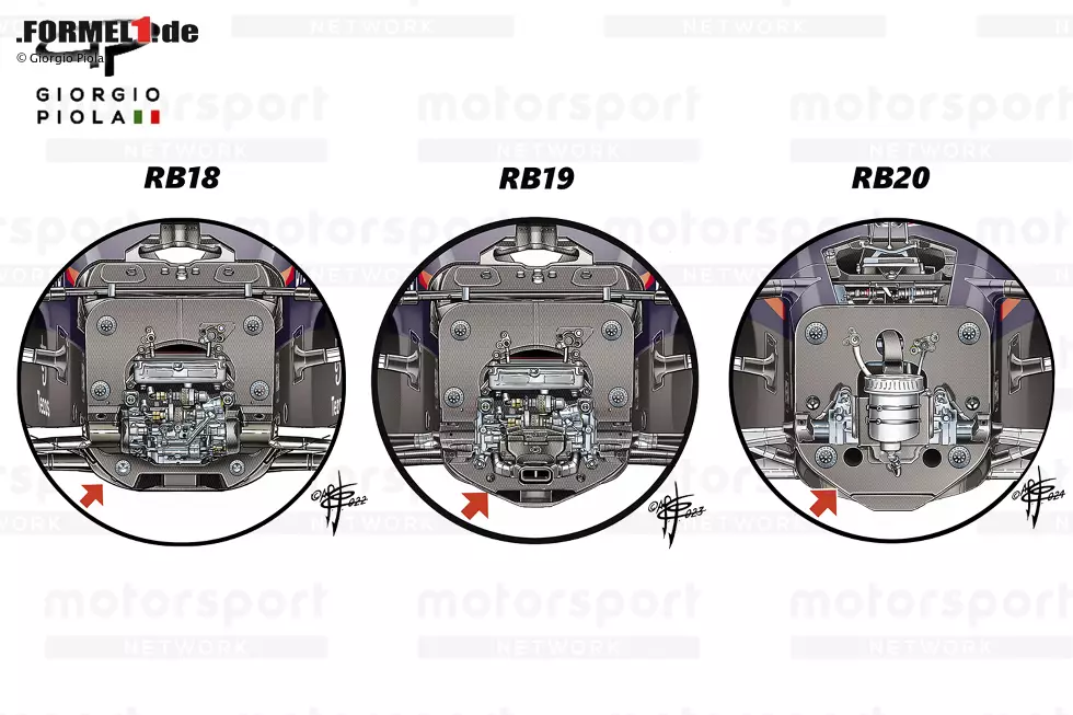 Foto zur News: Red Bull: Das Chassis wird auf Höhe der Vorderachse immer schmaler (rote Pfeile), von einer sanften Rundung unten bis zu einer V-Form. Zwei Schraubverschlüsse für die Nase sind unter die Lenkvorrichtung gerückt.