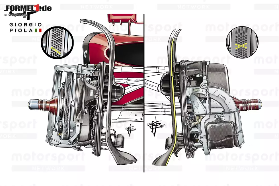Ein Vergleich zwischen der vorderen Bremsanlage des F1-75 (links) und des SF-23 (rechts) zeigt, wie die Scuderia den Bremssattel in eine tief liegende Position gebracht hat, um die Scheibenverkleidung zu übernehmen. Außerdem wurde ein neues Bohrmuster gewählt, um die Temperaturen in einem breiteren Bereich besser kontrollieren zu können. Foto zur News: Ein Vergleich zwischen der vorderen Bremsanlage des F1-75 (links) und des SF-23 (rechts) zeigt, wie die Scuderia den Bremssattel in eine tief liegende Position gebracht hat, um die Scheibenverkleidung zu übernehmen. Außerdem wurde ein neues Bohrmuster gewählt, um die Temperaturen in einem breiteren Bereich besser kontrollieren zu können.