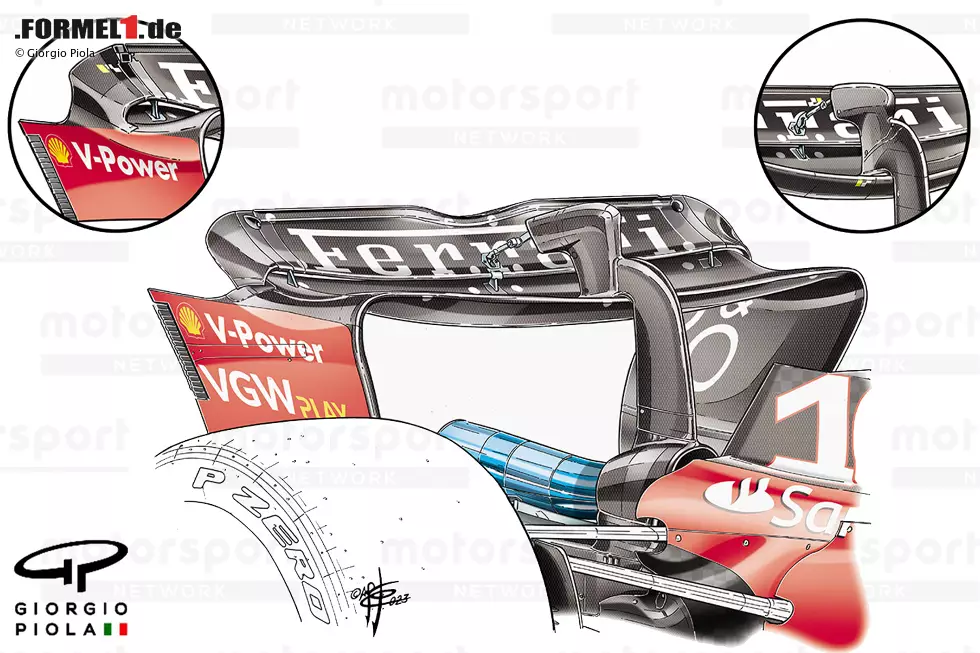 In Spa wurde ein neues Design des Heckflügels vorgestellt. Ferrari zeigte seine Version der Lösung mit offenem Endstück, die viele Konkurrenten bereits eingesetzt hatten. An der Hinterkante des oberen Flügels befand sich ein zentraler Ausschnitt, an dem auch ein Gurney angebracht war. Foto zur News: In Spa wurde ein neues Design des Heckflügels vorgestellt. Ferrari zeigte seine Version der Lösung mit offenem Endstück, die viele Konkurrenten bereits eingesetzt hatten. An der Hinterkante des oberen Flügels befand sich ein zentraler Ausschnitt, an dem auch ein Gurney angebracht war.