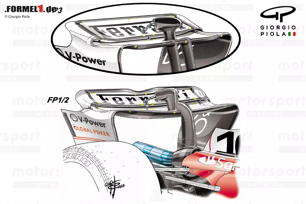 Der SF-23 wurde in Las Vegas mit zwei Lösungen ausgestattet, da das Team nach der richtigen Balance zwischen dem erforderlichen Abtrieb (Spezifikation für den Belgien-GP) und dem Geschwindigkeitsvorteil auf der Geraden (Spezifikation für den Italien-GP) suchte. Foto zur News: Der SF-23 wurde in Las Vegas mit zwei Lösungen ausgestattet, da das Team nach der richtigen Balance zwischen dem erforderlichen Abtrieb (Spezifikation für den Belgien-GP) und dem Geschwindigkeitsvorteil auf der Geraden (Spezifikation für den Italien-GP) suchte.