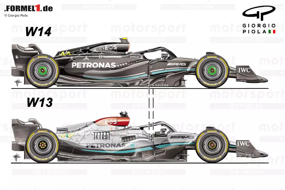 Foto zur News: Ein Vergleich von Mercedes W13 und W14, der zeigt, dass der Einlass des &quot;Zeropods&quot; 2023 nach hinten verschoben wurde.