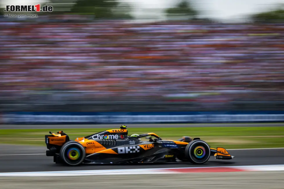 Foto zur News: ... versuchte in Runde 14 den Undercut gegen Leclerc, den der Monegasse eine Runde später nicht blocken konnte. Wiederhergestellt war eine bereinigte McLaren-Doppelführung. In Runde 32 kam Norris erneut an die Box, um einen möglichen Undercut von Leclerc zu verhindern. Leclerc ...