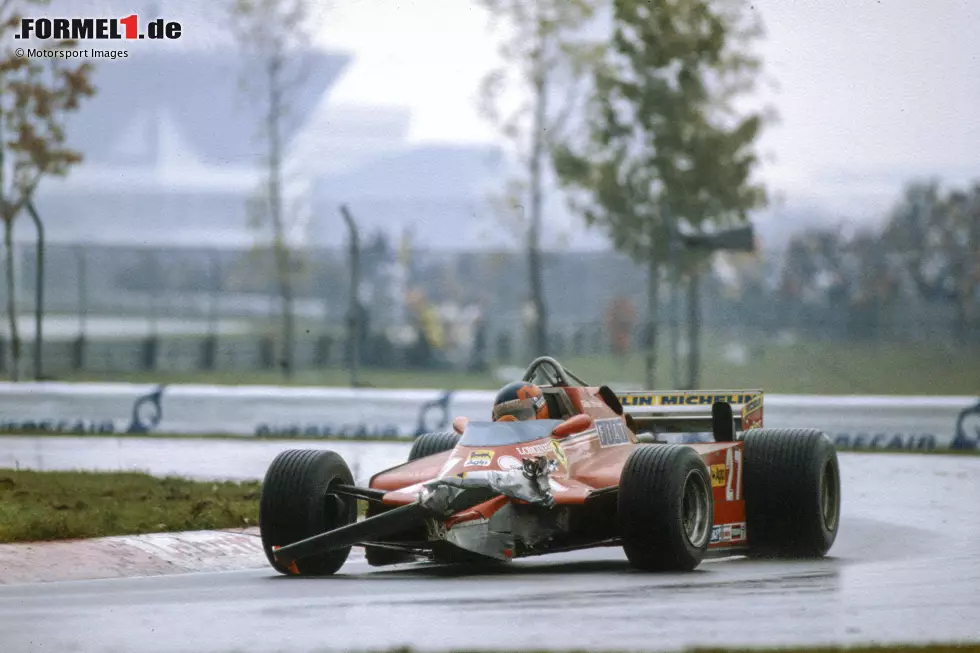 Beim Heimrennen in Kanada ist Villeneuve im Nassen wieder schnell, aber mit beschädigtem Frontflügel über weite Strecken im Grand Prix fahrtechnisch eingeschränkt. Er bringt dennoch Platz drei ins Ziel und wird WM-Siebter. Sein Ferrari-Teamkollege Didier Pironi landet ohne Sieg auf Platz 13. Foto zur News: Beim Heimrennen in Kanada ist Villeneuve im Nassen wieder schnell, aber mit beschädigtem Frontflügel über weite Strecken im Grand Prix fahrtechnisch eingeschränkt. Er bringt dennoch Platz drei ins Ziel und wird WM-Siebter. Sein Ferrari-Teamkollege Didier Pironi landet ohne Sieg auf Platz 13.