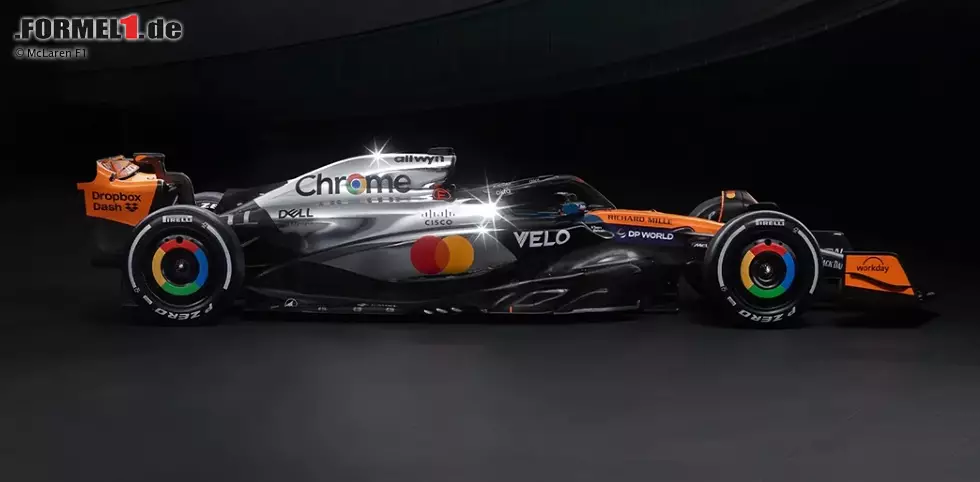 Foto zur News: Silverstone: McLaren begibt sich ein paar Jahre zurück und bringt den Fans den Chrom-Look zurück, der das Team Ende der 2000er und Anfang der 2010er prägte - allerdings weiter mit orangefarbenen Akzenten.