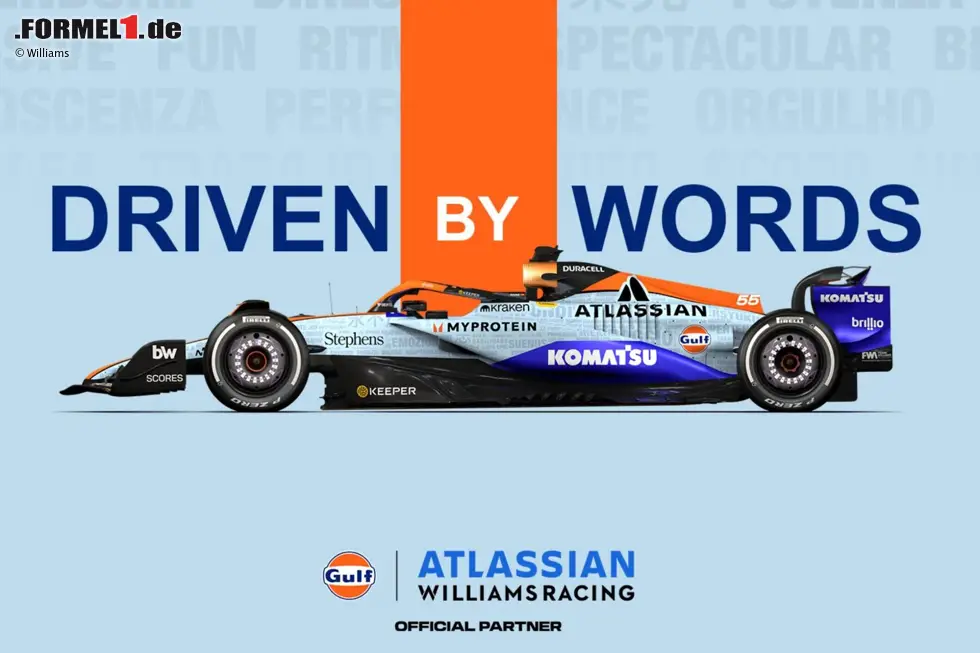 Foto zur News: Auf dem Auto finden sich außerdem 493 Worte, die Formel-1-Fans mit Williams und Gulf verbinden. Eine Abstimmung ergab, welche Worte schlussendlich verwendet wurden.
