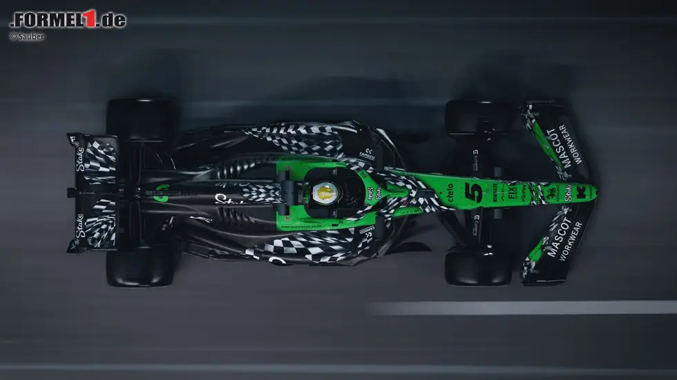 Foto zur News: ... erhält das grüne Auto eine Zielflagge als Designelement, das sich vom Front- bis zum Heckflügel einmal über das komplette Auto zieht.