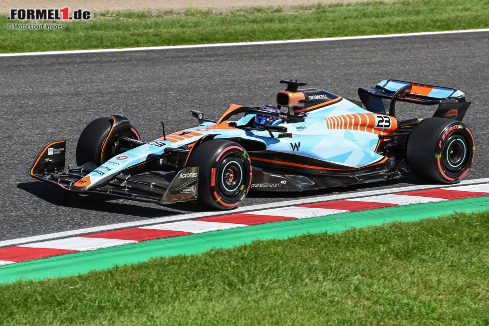 Foto zur News: Williams (2023): Nach dem Ende der McLaren-Partnerschaft Ende 2022 ging Gulf ab 2023 eine Zusammenarbeit mit Williams ein. Das Team aus Grove setzte daraufhin eine Sonderlackierung ein, ähnlich der McLaren-Version von Monaco, die bei den Grands Prix von Singapur, Japan und Katar zum Einsatz kam.