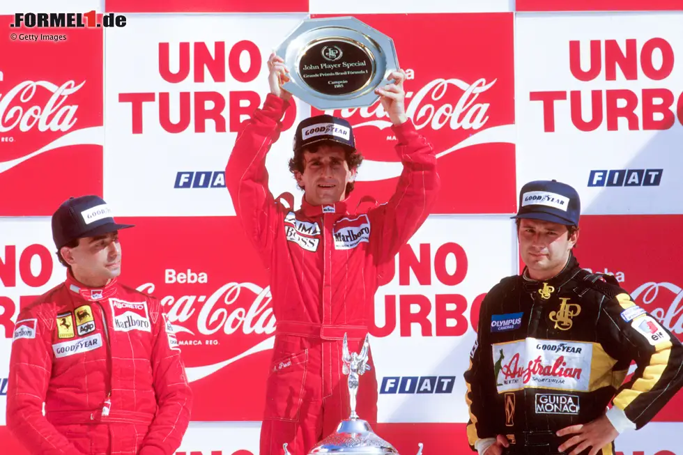 Foto zur News: Rio de Janeiro 1985 - Alain Prost beginnt erstes Titeljahr ideal: Nach Ausfällen von Nigel Mansell und Keke Rosberg führt Michele Alboreto, wird aber von Prost mühelos überholt. Der Franzose siegt letztlich einmal mehr souverän.