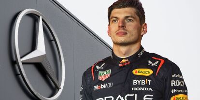 Foto zur News: Red-Bull-Fahrer Max Verstappen vor einem Mercedes-Logo