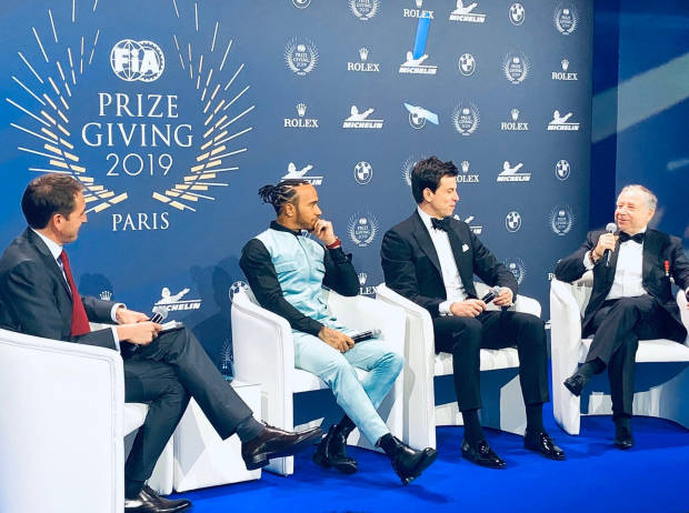 Tom Clarkson, Lewis Hamilton, Toto Wolff, Jean Todt bei der Weltmeister-PK vor der FIA-Gala in Paris 2019