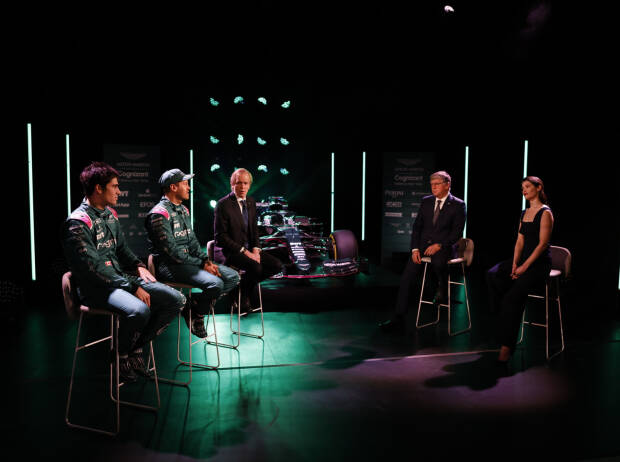 Lance Stroll, Sebastian Vettel, Andrew Green, Otmar Szafnauer und Gemma Arterton beim Launch des Aston Martin AMR21 Lance Stroll, Sebastian Vettel, Andrew Green, Otmar Szafnauer und Gemma Arterton beim Launch des Aston Martin AMR21