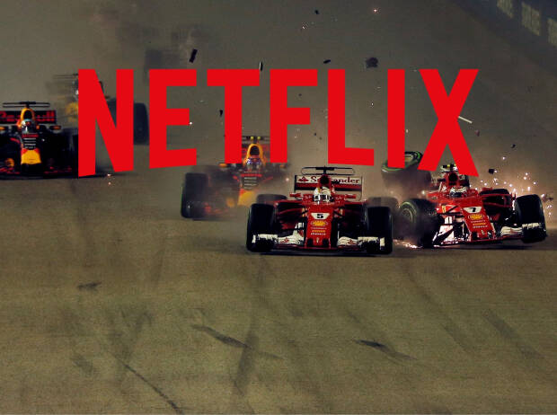 Das Netflix-Logo über einem Foto vom Startcrash zwischen den Ferrari-Teamkollegen Sebastian Vettel und Kimi Räikkönen beim Grand Prix von Singapur 2017