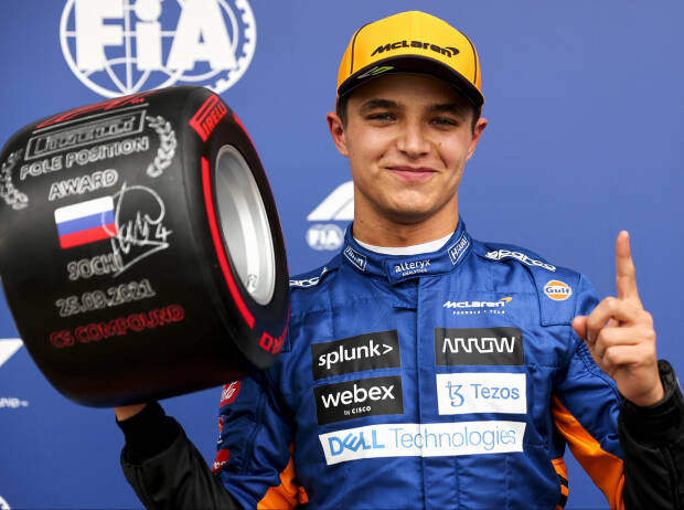 Lando Norris (McLaren) mit dem Pirelli-Poleposition-Award nach dem Qualifying zum Grand Prix von Russland in Sotschi 2021 Lando Norris (McLaren) mit dem Pirelli-Poleposition-Award nach dem Qualifying zum Grand Prix von Russland in Sotschi 2021
