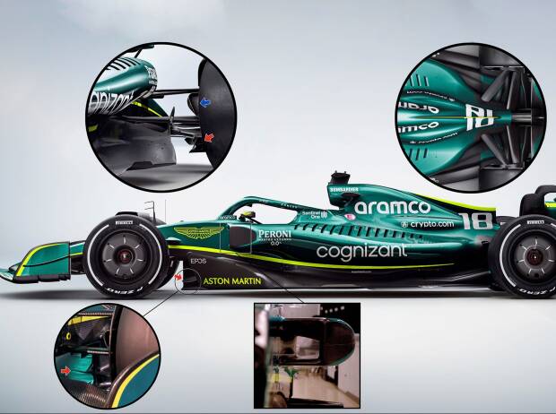 Aston Martin AMR22 für die F1 2022 in der Seitenansicht mit Technikdetails Aston Martin AMR22 für die F1 2022 in der Seitenansicht mit Technikdetails