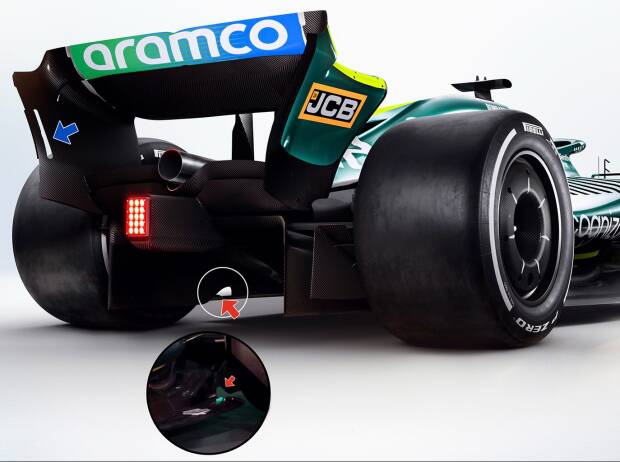 Rückansicht des Aston Martin AMR22 mit Heckflügel und Diffusor Rückansicht des Aston Martin AMR22 mit Heckflügel und Diffusor