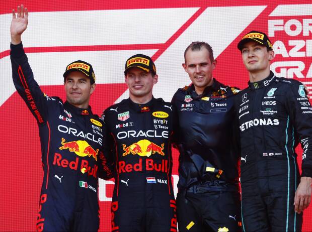 Sergio Perez, Max Verstappen, George Russell Sergio Perez, Max Verstappen, George Russell