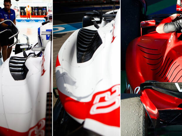 The original Haas sidepod (left), the Hungarian upgrade (middle), and Ferrari's solution (right).