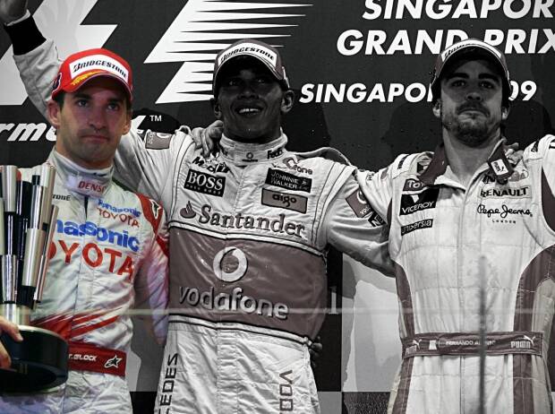 Timo Glock, Lewis Hamilton und Fernando Alonso auf dem Podium in Singapur 2009 Timo Glock, Lewis Hamilton und Fernando Alonso auf dem Podium in Singapur 2009