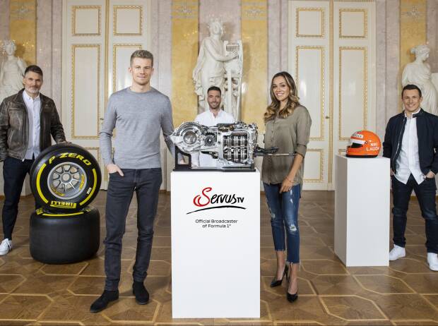 Das Formel-1-Team von ServusTV: Andreas Gröbl, Nico Hülkenberg, Philipp Eng, Andrea Schlager und Christian Klien