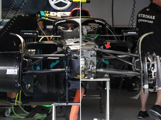 Die Vorderrad-Aufhängung von Mercedes vor Monaco (links) und ab Monaco (rechts)