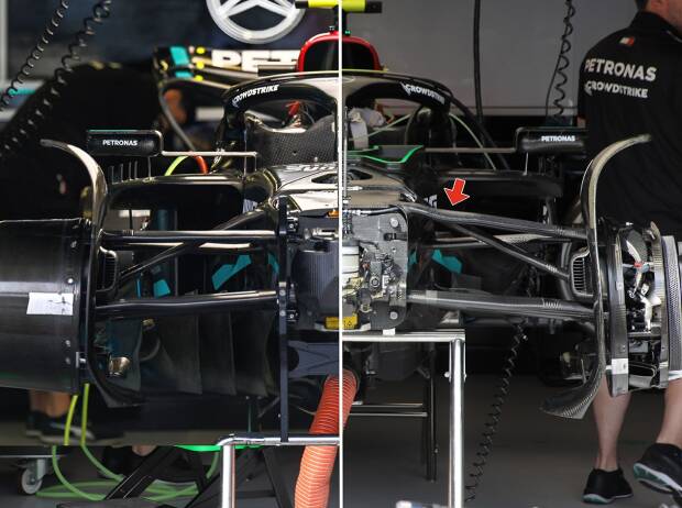 Die Vorderrad-Aufhängung von Mercedes vor Monaco (links) und ab Monaco (rechts) Die Vorderrad-Aufhängung von Mercedes vor Monaco (links) und ab Monaco (rechts)