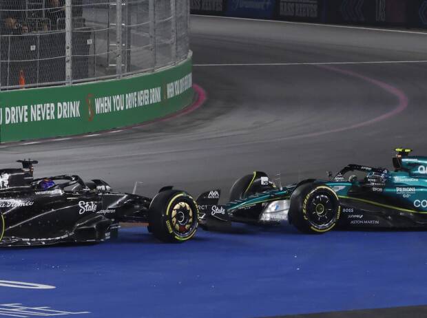 Valtteri Bottas im Alfa Romeo C43 und Fernando Alonso im Aston Martin AMR23 in Kurve 1 von Las Vegas 2023 Valtteri Bottas im Alfa Romeo C43 und Fernando Alonso im Aston Martin AMR23 in Kurve 1 von Las Vegas 2023