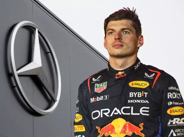 Red-Bull-Fahrer Max Verstappen vor einem Mercedes-Logo Foto zur News: Christian Horner zu Max Verstappen: Wer gehen will, kann gehen!