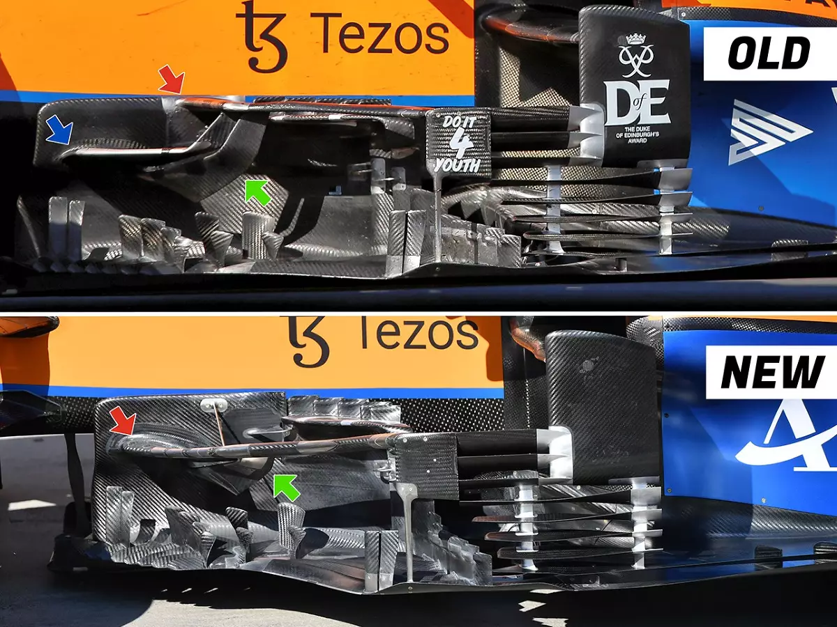 Windabweiser am McLaren-Mercedes MCL35M der Formel 1 2021 vor und nach dem Update beim Grand Prix von Ungarn in Budapest Foto zur News: Formel-1-Technik: Das (vermutlich) letzte große McLaren-Update 2021