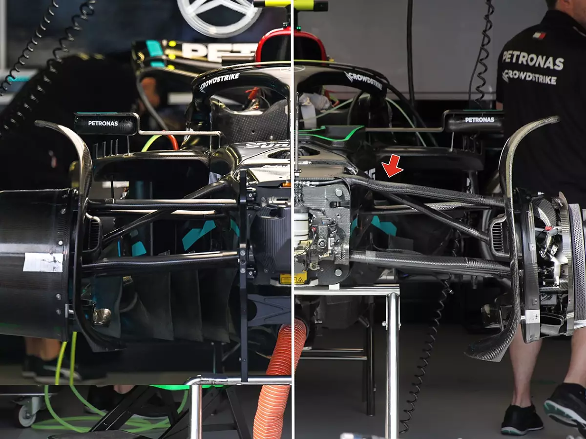 Die Vorderrad-Aufhängung von Mercedes vor Monaco (links) und ab Monaco (rechts) Foto zur News: Formel-1-Technik: So viel ist neu am Mercedes W14 in Monaco