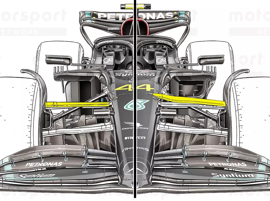 Vergleich: Mercedes W14 in der Saison 2023 vor und nach dem Monaco-Update Foto zur News: Formel-1-Technik: Weitere Details zum Mercedes-Update in Monaco