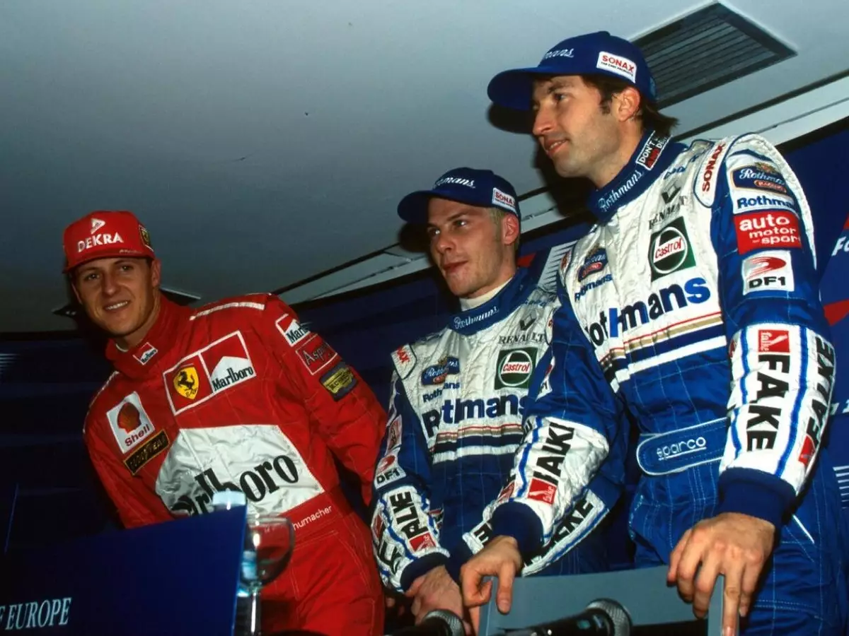 Michael Schumacher, Jacques Villeneuve und Heinz-Harald Frentzen bei der Pressekonferenz nach dem Formel-1-Qualifying in Jerez 1997 Foto zur News: 16 Formel-1-Rekorde, die (vermutlich) nie mehr gebrochen werden