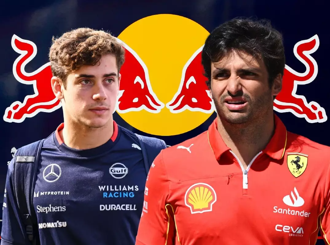 Fotomontage: Franco Colapinto und Carlos Sainz vor einem Red-Bull-Logo Foto zur News: Montoya rät Red Bull: Nicht Colapinto holen, sondern Sainz!
