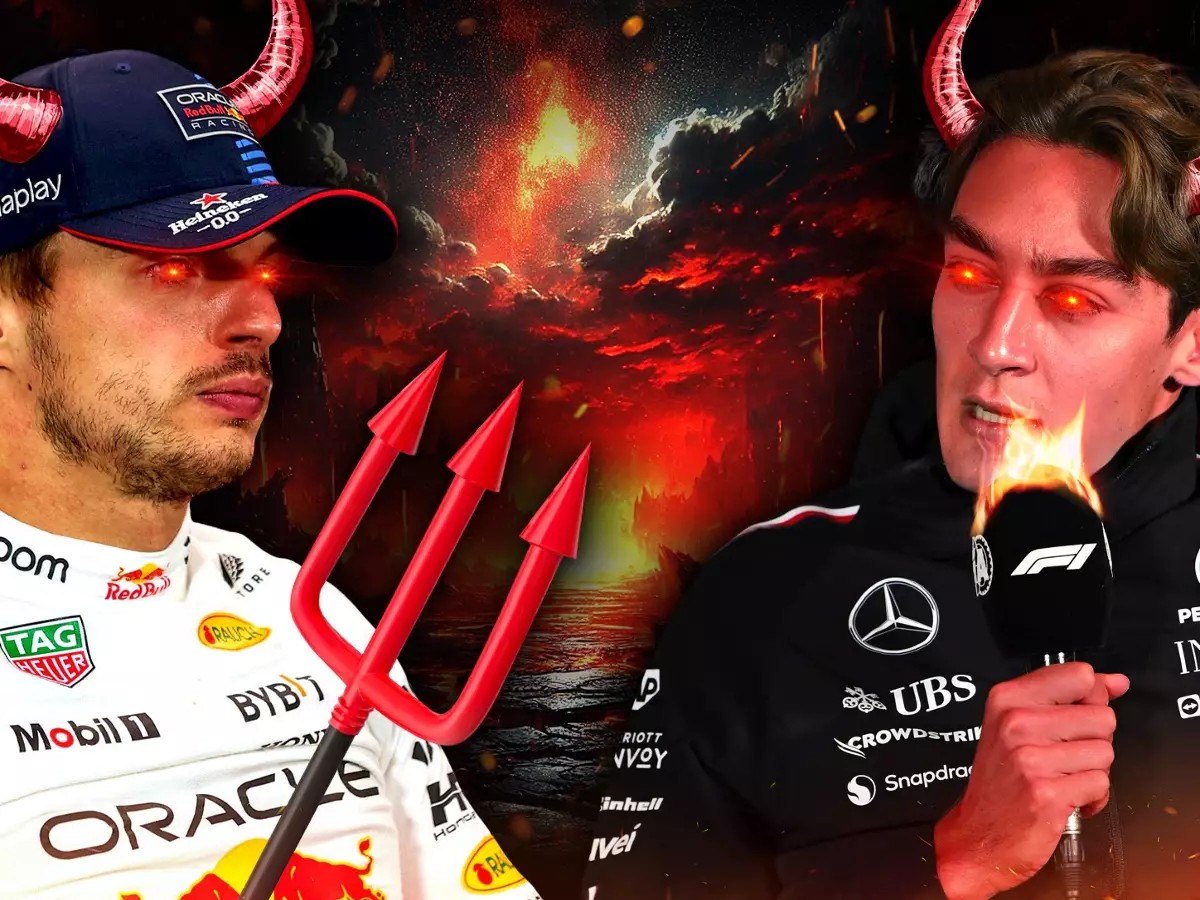 Max Verstappen und George Russell (Fotomontage) Foto zur News: "Verräter", "Loser", "Wadenbeißer": Das Protokoll des Russell-Verstappen-Streits