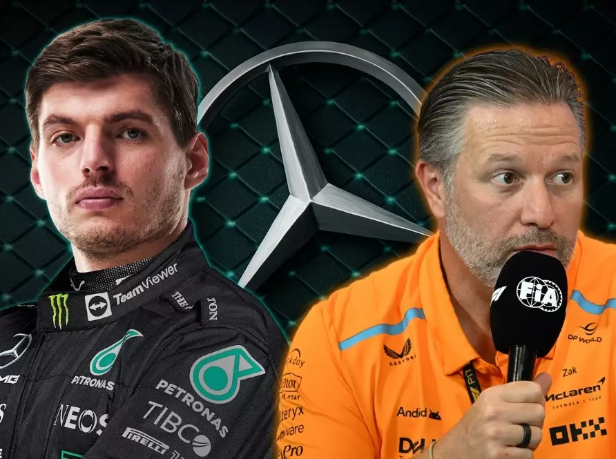 Max Verstappen im Mercedes-Overall, Zak Brown (KI-generierte Fotomontage) Foto zur News: Rätseln über Verstappen-Gerüchte: Ab wann greifen seine Ausstiegsklauseln?