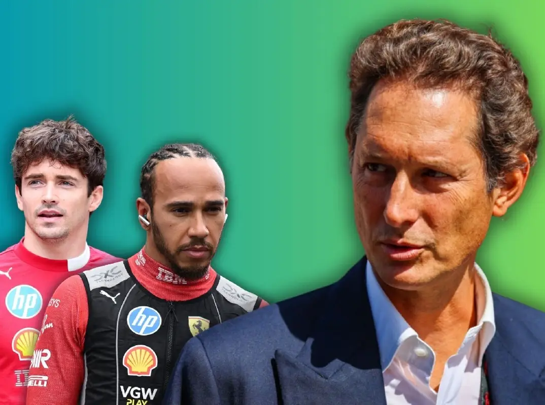 Fotomontage: Ferrari-Präsident John Elkann (rechts) mit Charles Leclerc und Lewis Hamilton Foto für die Nachrichten: Ferrari-Chef rechnet ab: Elkann übt scharfe Kritik an Hamilton und Leclerc