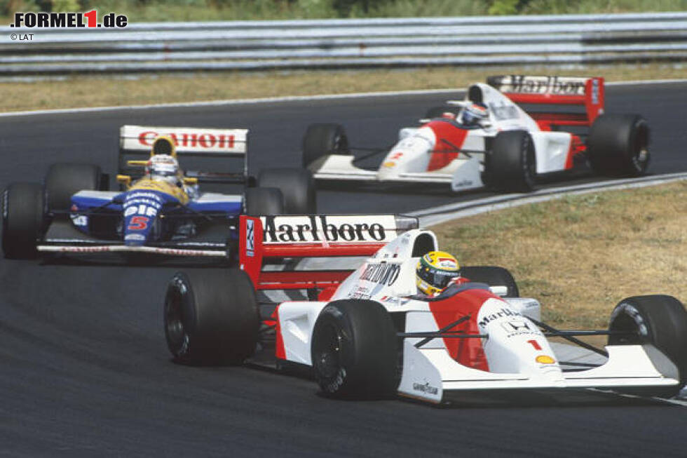 Foto zur News: Ayrton Senna, Nigel Mansell und Gerhard Berger beim Grand Prix von Ungarn 1992