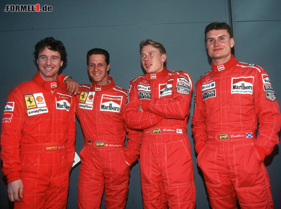 Foto zur News: Eddie Irvine, Michael Schumacher, Mika Häkkinen, David Coulthard