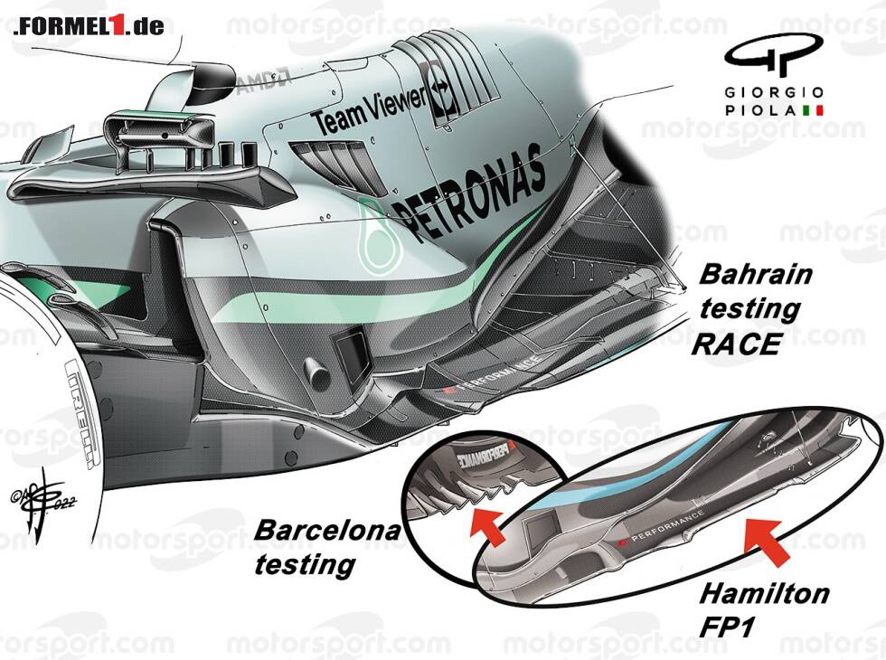 Foto zur News: Mercedes-Unterboden bei den Wintertests 2022 und beim ersten Rennen in Bahrain